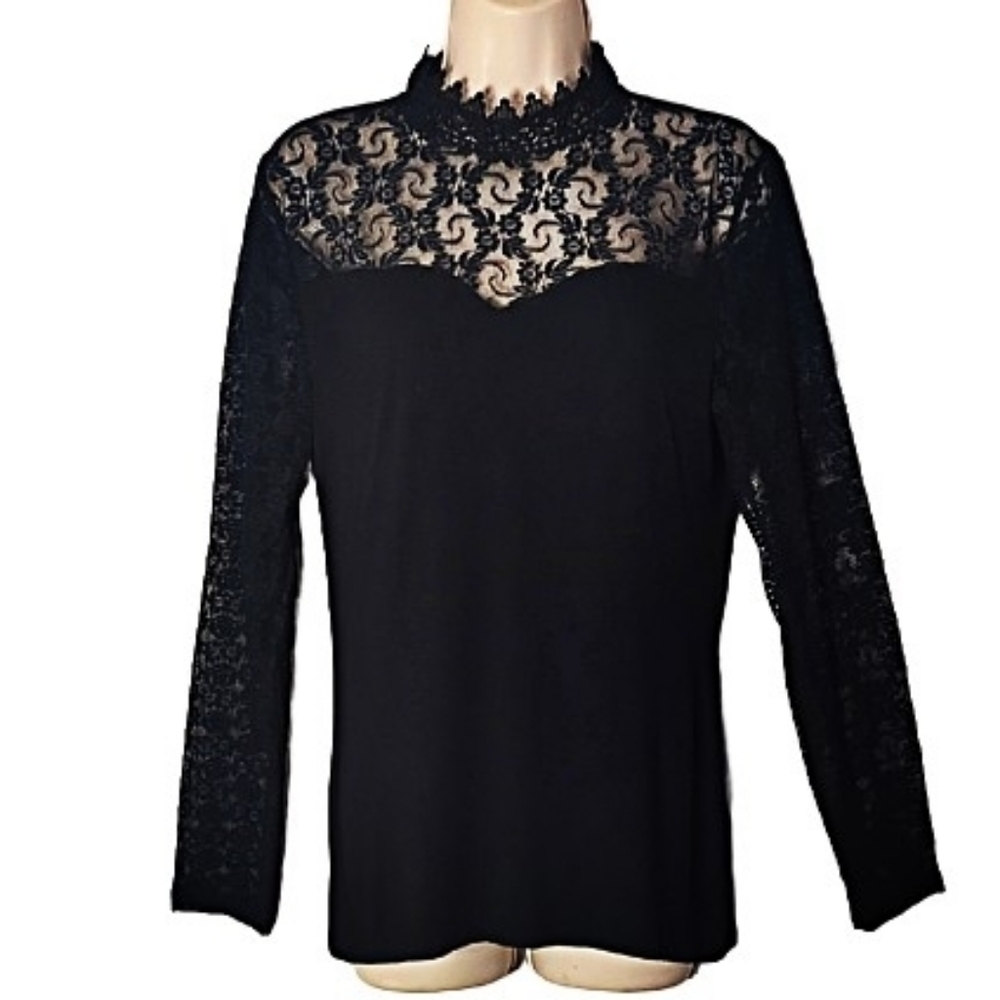INC Black Victorian Floral Lace Mock Neck Keyhole Top Medium